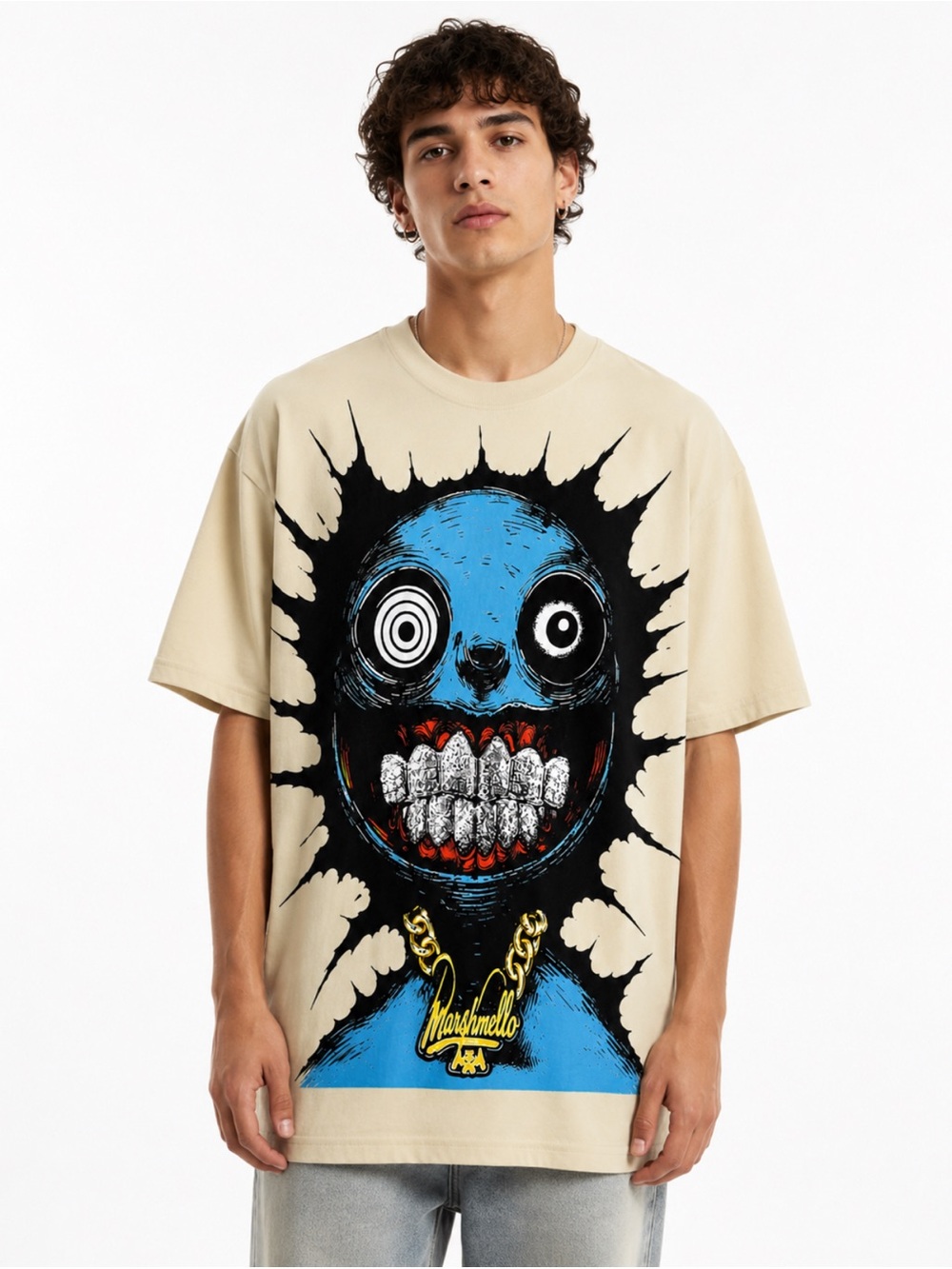 Beige Graphic Short Sleeve Tee with Blue Monster Print